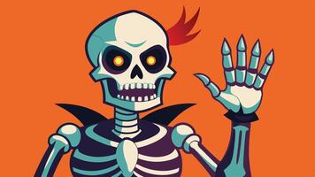 A cheerful cartoon skeleton waves hello against a bright red background, showcasing a playful and whimsical illustration that captures the spirit of fun and creativity vector