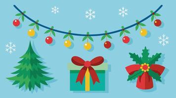 A festive holiday arrangement featuring a decorated Christmas tree, a gift box with a red bow, and garlands adorned with colorful ornaments and snowflakes against a blue backdrop vector
