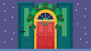 A festive holiday door adorned with a colorful wreath, surrounded by snowflakes, capturing the warmth of winter decoration in a cozy home vector