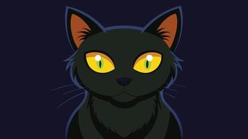 A cartoon-style black cat with striking green eyes standing on a dark green background, showcasing its playful and mysterious nature during a whimsical illustration vector