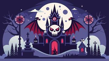 A haunted castle with bats and skulls under a full moon in a dark, eerie landscape, featuring twisted trees and gravestones during a spooky night vector