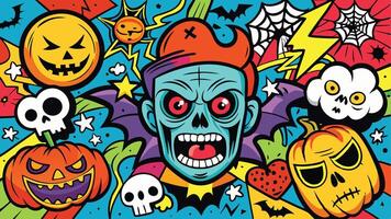 Colorful cartoon-style illustration featuring playful skulls and spooky elements with a vibrant background full of shapes and colors vector