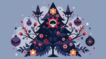 A whimsical Christmas tree adorned with colorful decorations and unique patterns against a soft blue background during the festive season vector