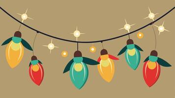 Colorful string lights with a mix of green, red, and yellow bulbs hang against a warm beige background, adding a festive touch to any holiday celebration or gathering vector