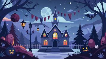 A spooky Halloween night scene featuring a dark castle illuminated by glowing windows, surrounded by pumpkins, trees, and festive decorations under a full moon vector