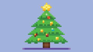 A pixel art Christmas tree decorated with colorful ornaments and a shining star on top against a simple blue background vector