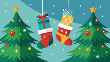 Colorful Christmas stockings hanging between decorated trees on a winter day, creating a festive atmosphere with cheerful ornaments vector