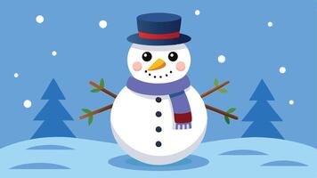 A cheerful snowman wearing a blue hat and scarf stands in a winter wonderland with pine trees and gently falling snowflakes during a bright day vector