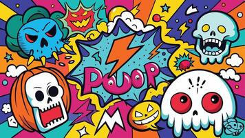 Colorful cartoon-style illustration featuring playful skulls and spooky elements with a vibrant background full of shapes and colors vector