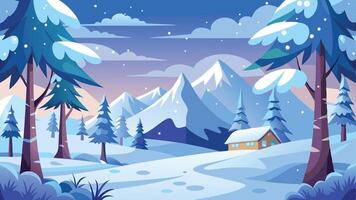 A winter landscape featuring snow-covered mountains, a serene river, and frosted pine trees under a starry sky, captured in a tranquil, picturesque setting vector