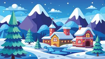A colorful winter landscape featuring a cozy cabin surrounded by snow-covered mountains and pine trees under a clear blue sky during the daytime vector