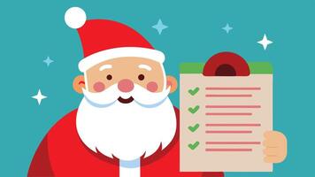 Santa Claus holds a checklist of gifts while surrounded by a festive atmosphere, emphasizing his joyful preparations for Christmas celebrations vector