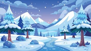 A winter landscape featuring snow-covered mountains, a serene river, and frosted pine trees under a starry sky, captured in a tranquil, picturesque setting vector