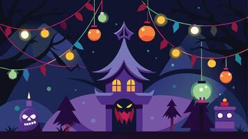 A mystical Halloween-themed setting featuring a spooky house surrounded by colorful lanterns and eerie trees in a dark atmosphere, perfect for celebrating the holiday season vector