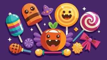 Fun Halloween-themed candies and treats featuring colorful lollipops, a smiling pumpkin, and playful characters on a vibrant background vector
