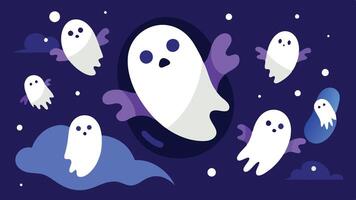 A playful depiction of cartoon ghosts floating in a starry night sky, creating a whimsical atmosphere for Halloween celebrations vector