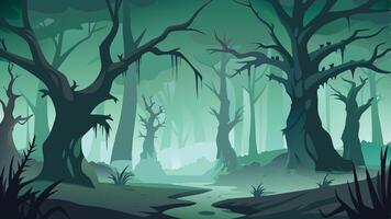 Eerie forest landscape with twisted trees and mysterious glowing eyes during twilight hours creating an atmospheric setting of intrigue and suspense vector