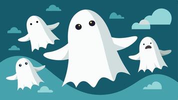 Illustration of whimsical ghosts floating in a night sky with clouds and a crescent moon, capturing a playful, spooky atmosphere perfect for Halloween-themed art vector
