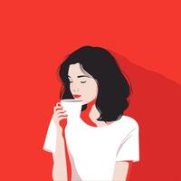 Red Background with Woman Enjoying Coffee in Minimalist Style vector