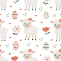 Spring seamless pattern with Easter eggs, flowers and little funny lamb on white background. Illustration in flat style, pastel colors for wrapping paper, festive textile vector