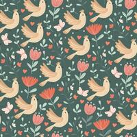 Spring seamless pattern with birds and flowers on green background. Illustration in hand drawn flat style, pastel colors. Ideal for wrapping paper, festive textile vector