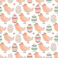 Spring seamless pattern with Easter decorative eggs and cute birds on white background. Illustration in hand drawn flat style, pastel colors for wrapping paper, festive textile. vector