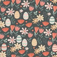 Spring seamless pattern with Easter eggs and flowers on green background. Illustration in hand drawn flat style, pastel colors. Ideal for wrapping paper, festive textile vector