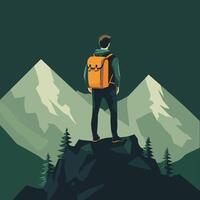 Hiker Contemplating Majestic Mountain View. A Backpacking Adventure vector