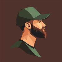Profile View of a Bearded Man Wearing a Green Cap vector