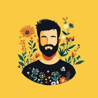 Floral Portrait of a Bearded Man with Closed Eyes vector