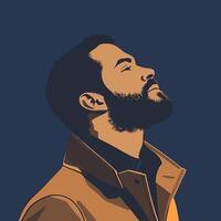 Stylish Man with Beard, Pensive Gaze Upward, Minimalist Art Portrait vector