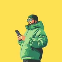 Stylish Man in Green Puffer Jacket Using Smartphone vector