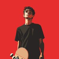 Contemplative Skateboarder Against Bold Red Background vector