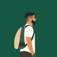 Side Profile of a Bearded Man with a Backpack Against a Green Background. Illustration. Minimalist Illustration . vector