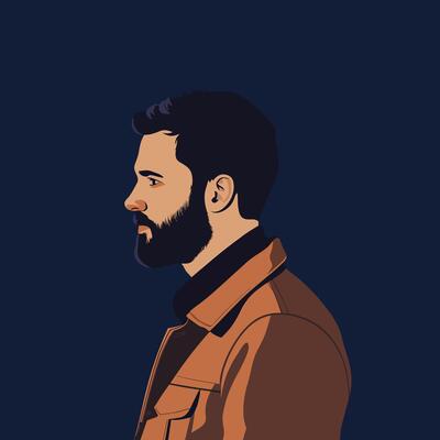 Profile of a Bearded Man in an Orange Jacket Against a Dark Blue Background