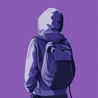 Mysterious Purple-Clad Figure with Backpack. A Back View Illustration vector
