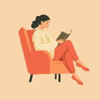 Cozy Reading . Woman Relaxing in an Armchair with a Book vector