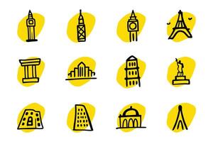 A collection of simple, hand-drawn illustrations of famous world landmarks, including Big Ben, the Eiffel Tower, the Statue of Liberty, and more. vector