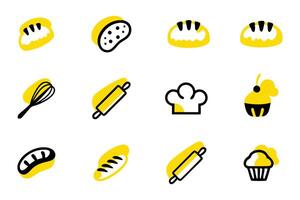 This image features a set of black and white bakery-themed icons, including various breads, pastries, tools, and a chef's hat. vector
