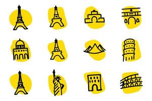 This image features simple, hand-drawn illustrations of famous landmarks from around the world, including the Eiffel Tower, Statue of Liberty, Egyptian Pyramids, Colosseum, and more. vector