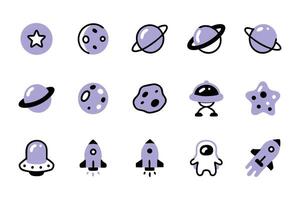 A set of 12 cartoon space icons, in a pastel purple color scheme. vector