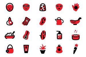 This set of simple, graphic icons displays a variety of spa, beauty, and skincare elements. vector