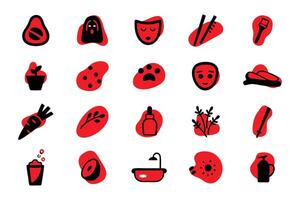 This image features a collection of 16 simple, black silhouette icons on red abstract shapes, perfect for websites, apps, or social media posts. vector