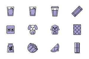 A set of twelve cute, cartoon-style icons in a pastel purple color scheme. vector