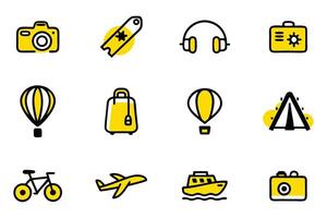 This image features a set of nine simple, outlined yellow travel icons on a clean white background. vector