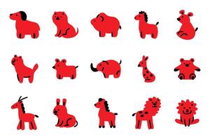 A set of simple, stylized animal silhouettes in solid red with black outlines. vector