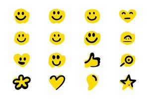 A set of various hand-drawn emoji icons in yellow, outlined with black. vector