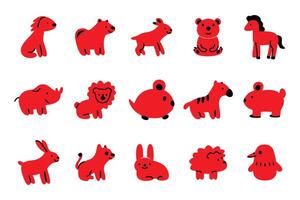 A collection of simple, cartoon-style silhouettes of various animals, all rendered in vibrant red with black outlines. vector