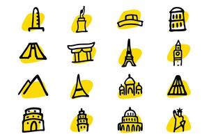 A collection of simple, hand-drawn icons representing iconic world landmarks. vector