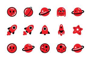 A collection of vibrant red space-themed icons, perfect for playful projects or educational materials. vector